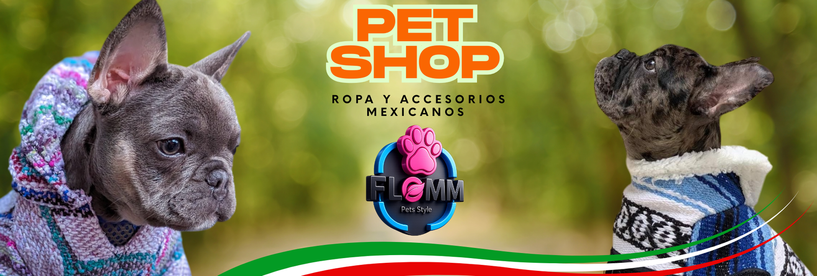 Dos perros con prendas FLOMM: una sudadera tejida y un jorongo con borrega